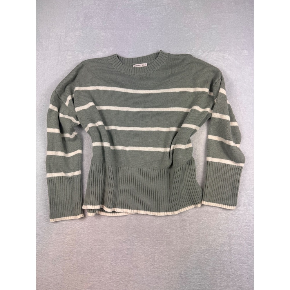 Sincerely Jules Womens Sage Green Striped Cotton Crewneck Sweater Large cozy